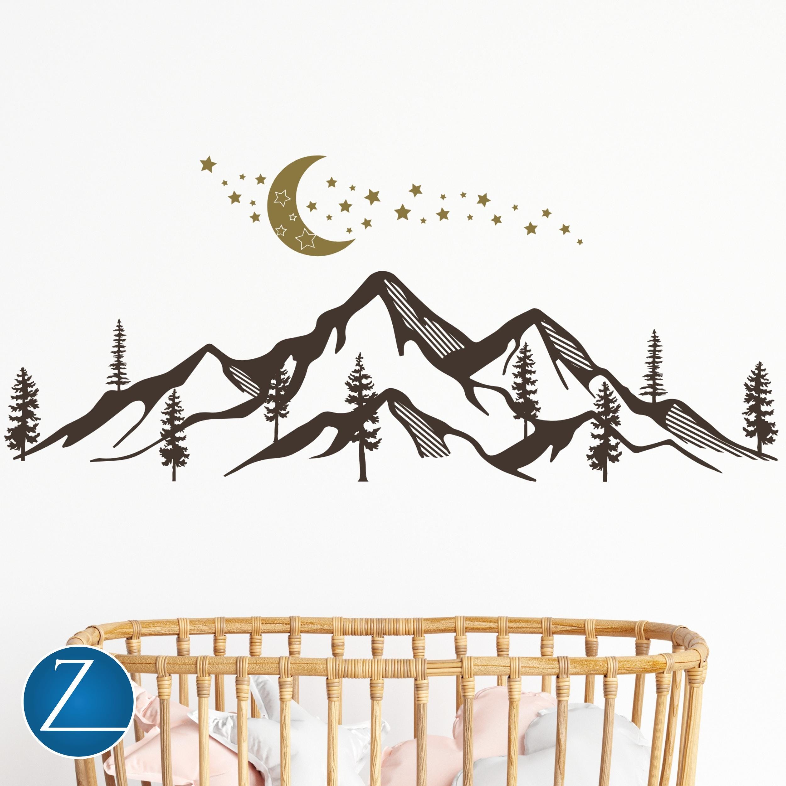 Mountain Moon and Stars Wall Decal – Celestial Nursery or Nature-Inspired Room Decor – Vinyl Wall Sticker for Bedroom, Camper, or Kids Room