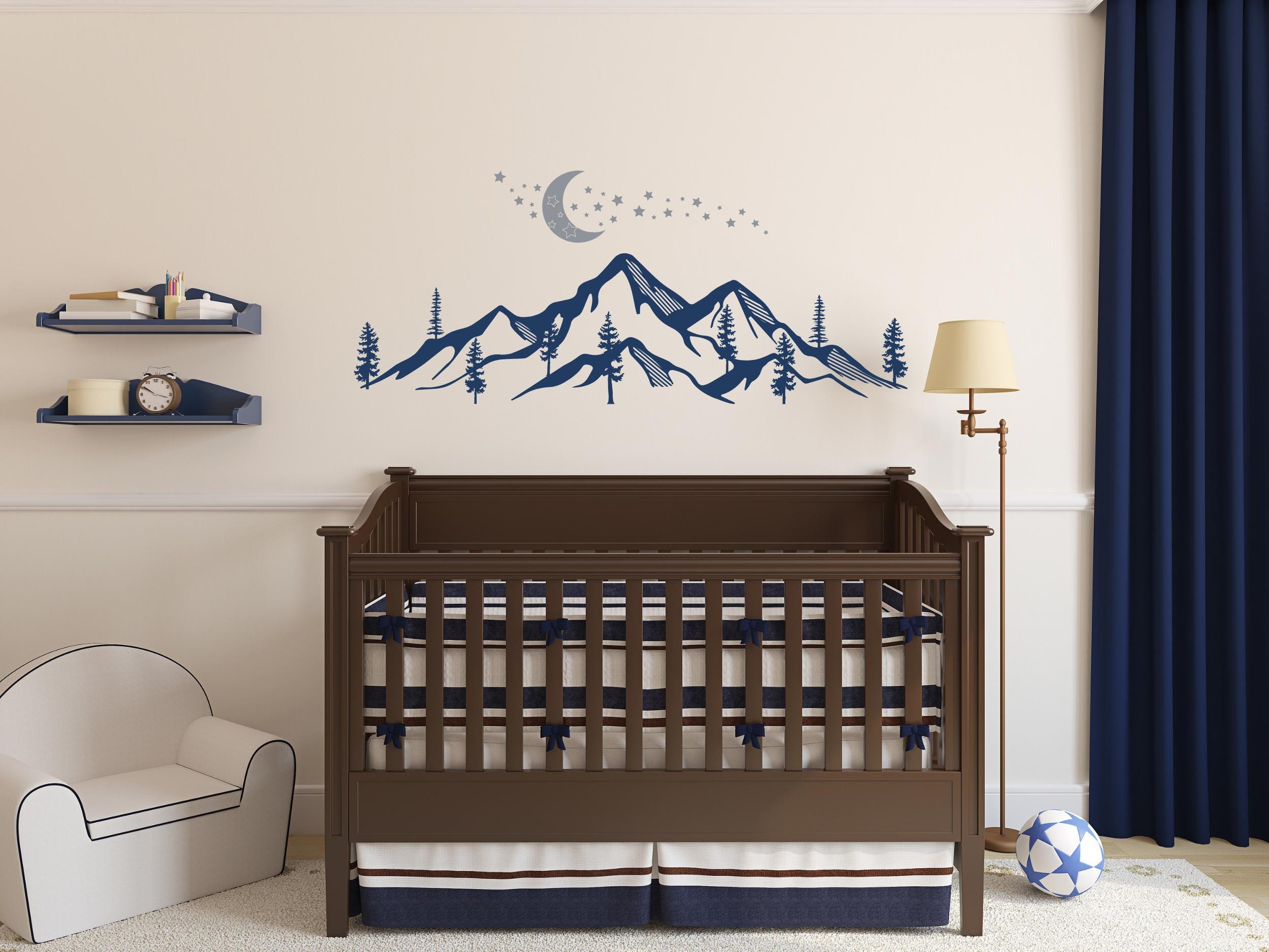 Mountain Wall Decal with Pine Trees and Moon – Nursery Wall Decal for Woodland Decor