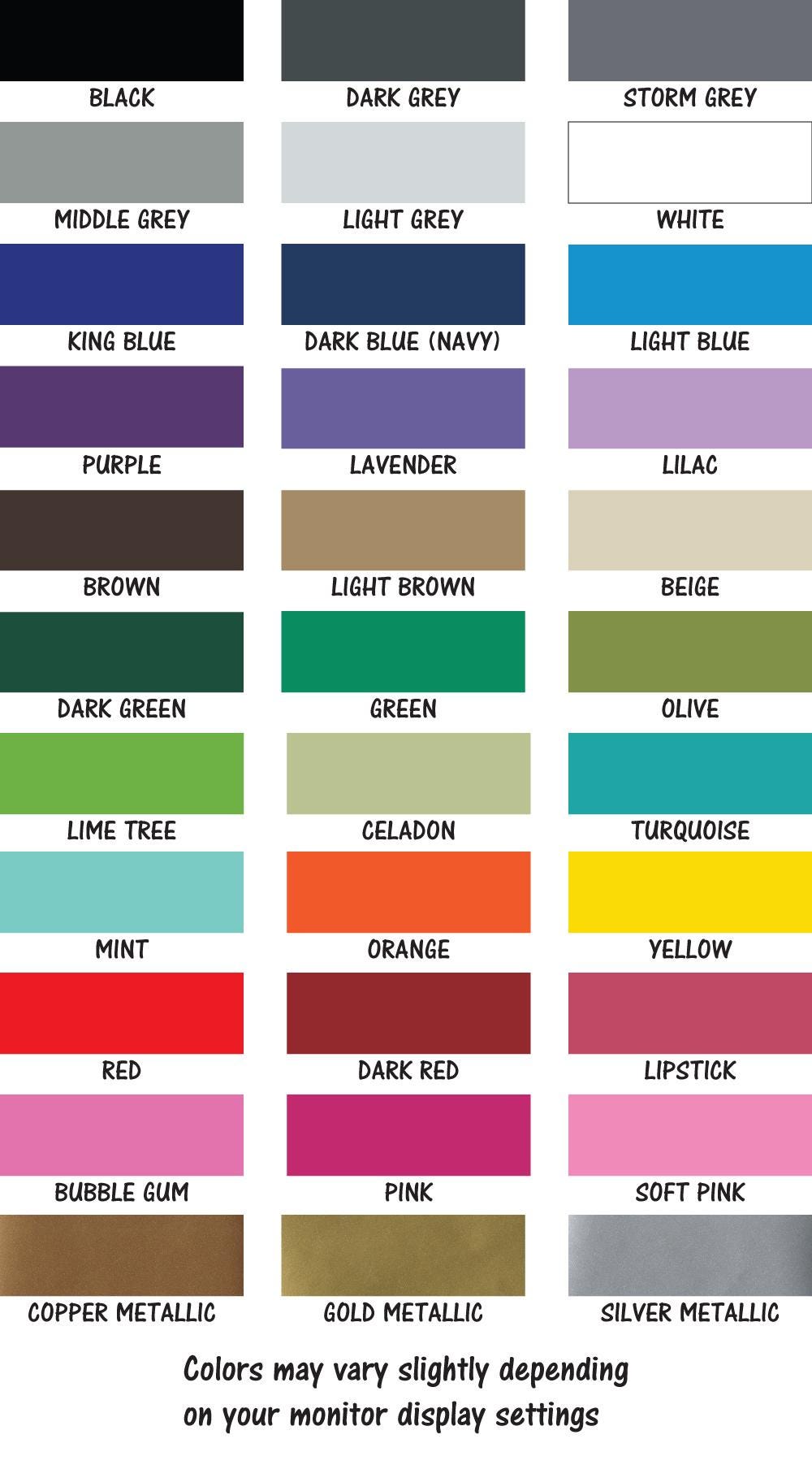 a color palette with various shades of grey, black, and metallic colors, along with labels for different types of paint colors. The colors may vary slightly depending on the monitor display settings.