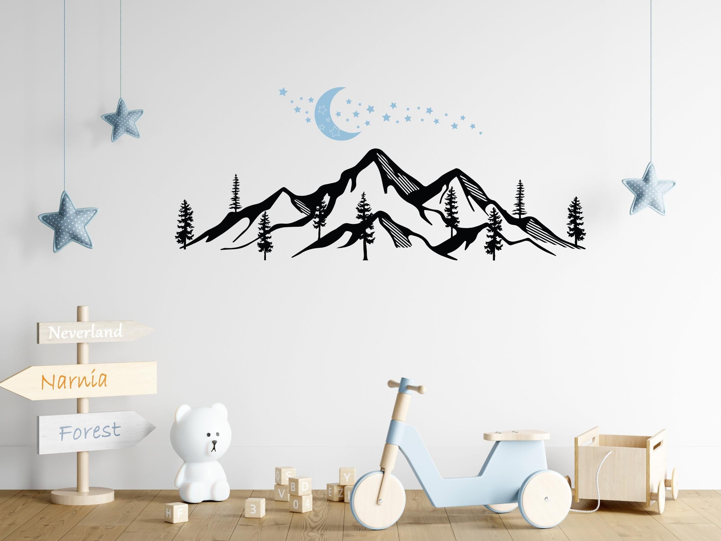 Mountain Wall Decal with Pine Trees and Moon – Nursery Wall Decal for Woodland Decor