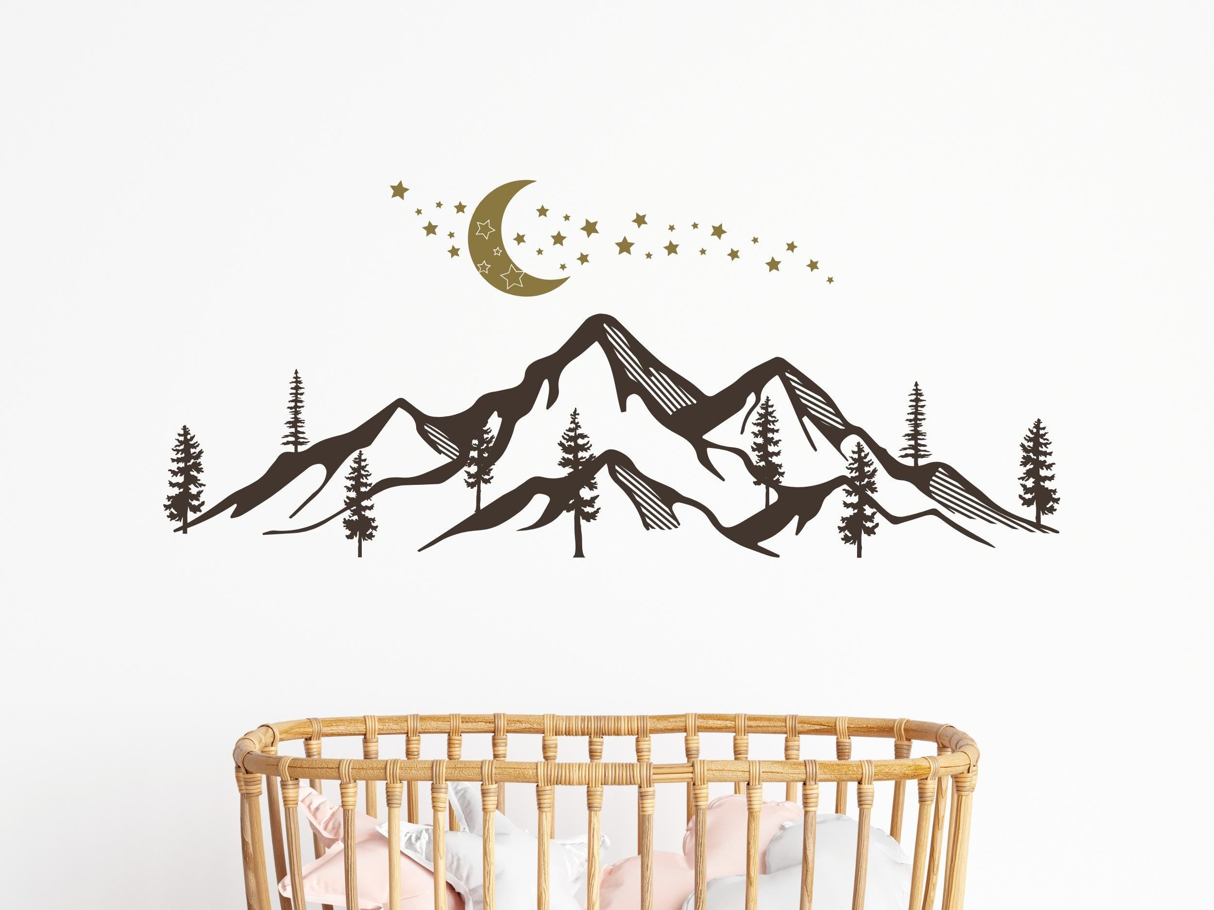 Mountain Wall Decal with Pine Trees and Moon – Nursery Wall Decal for Woodland Decor